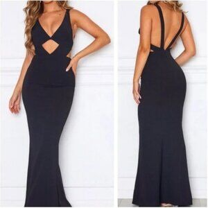 WHITE FOX black full length Cannes gown with cut-outs and low back